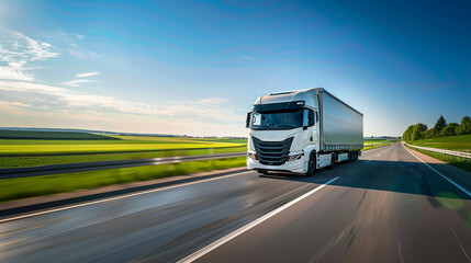 The truck moves fast on an empty road
