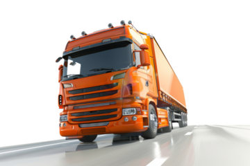 A large orange truck drives on a road, isolated from the background