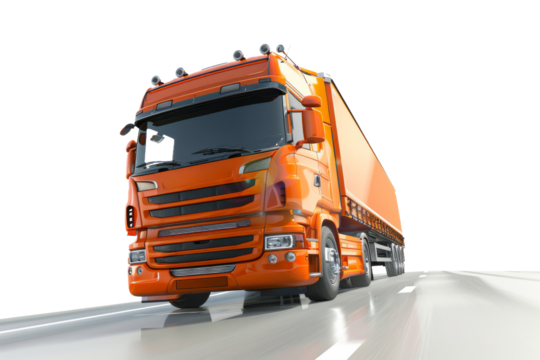 A large orange truck drives on a road, isolated from the background