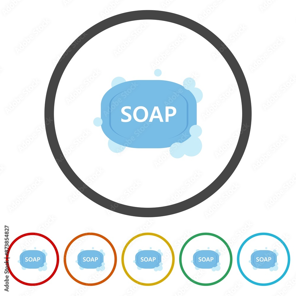 Poster bar of soap with foam icon. set icons in color circle buttons