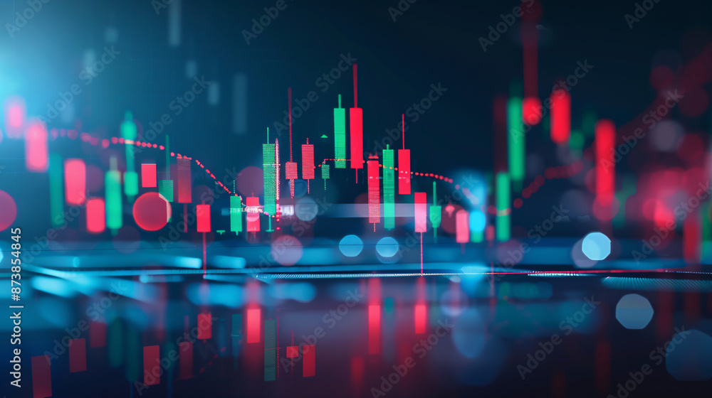 Poster a technical price graph and indicator displayed on a blue-themed screen, showcasing red and green ca