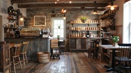 A rustic coffee shop, warm and welcoming with wooden beams, stone accents, farmhouse tables, and vintage decor, evoking countryside charm.
