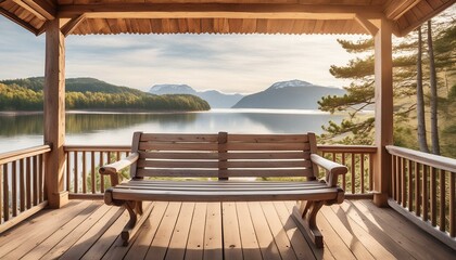 Fototapeta premium A rustic wooden bench on a porch overlooking a lake.