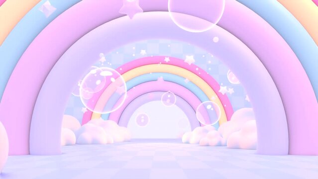Looped passing through rainbow corridor with flying stars and bubbles in the air animation.