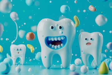 Illustrated joyful teeth characters with vibrant confetti on a blue background