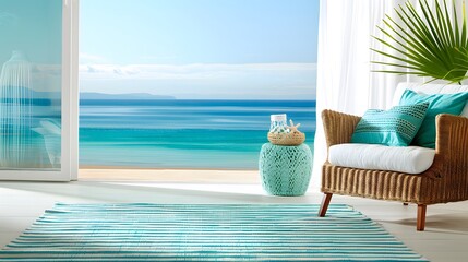 Obraz premium Seaside Serenity - Coastal Living Room with Nautical Decor and Ocean Views, Perfect Zoom Backgrounds for a Beach House Feel