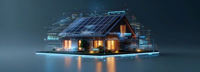 3D Rendering of a Futuristic Smart Home with Solar Panels and Energy Displays: Wide Banner Showcasing a Generic Smart Home with a Rooftop Solar Panel System for Renewable Energy Concepts