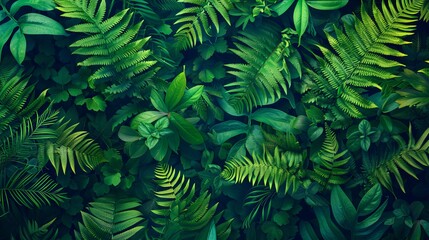 Fototapeta premium Lush fern leaves with vibrant green create a tropical background.