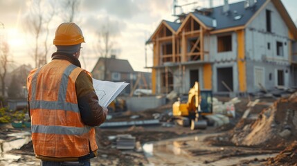 A construction worker in a hard hat and safety vest inspects the progress of a new home construction site.