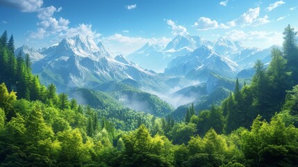 A picturesque mountain range with snow-capped peaks, lush green forests, and a blue sky with fluffy clouds.