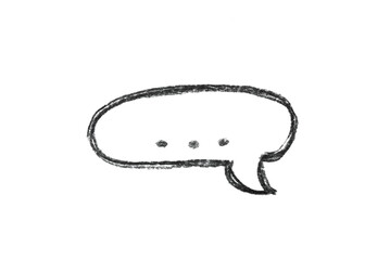 A photo of a monochrome drawing of a speech bubble with a circle pattern isolated on a white background