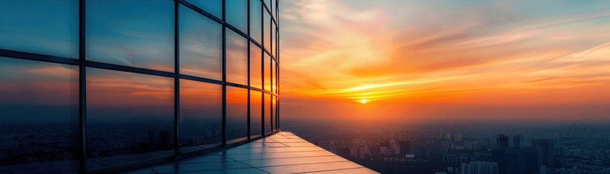 Golden hour paints city skyline with fiery hues, skyscraper view