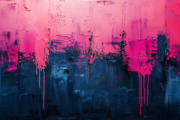 Fototapeta premium A print features brush strokes in blue and pink, paint splashes, and double exposure, with large text on the right side of an abstract background.