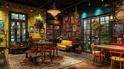 An eclectic coffee shop interior blends bold creativity, mixing diverse styles, colors, and patterns to craft a distinctive, personalized atmosphere.
