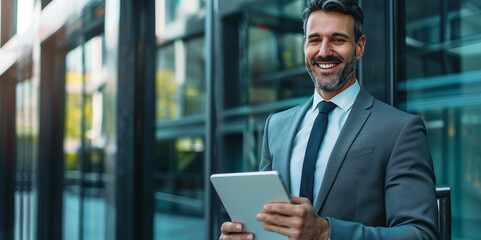 Fototapeta premium A businessman in a suit uses a tablet in a modern office.