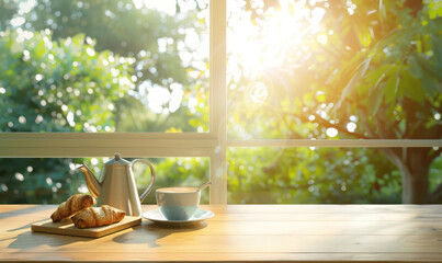 Fototapeta premium Morning sunlight illuminates an empty wooden countertop adorned with coffee and pastries, a kettle and mug positioned in front of the counter.