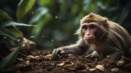 Monkey Playing with Dirt and Leaves in the Jungle