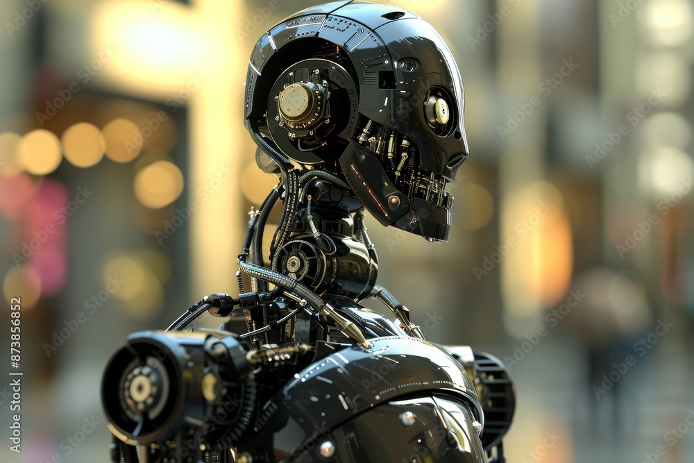 Poster a robot with a metallic body and a head,an image of a robot made of metal with a head