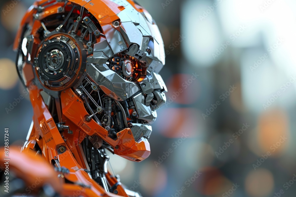 Poster a robot with a metallic body and a head,an image of a robot made of metal with a head