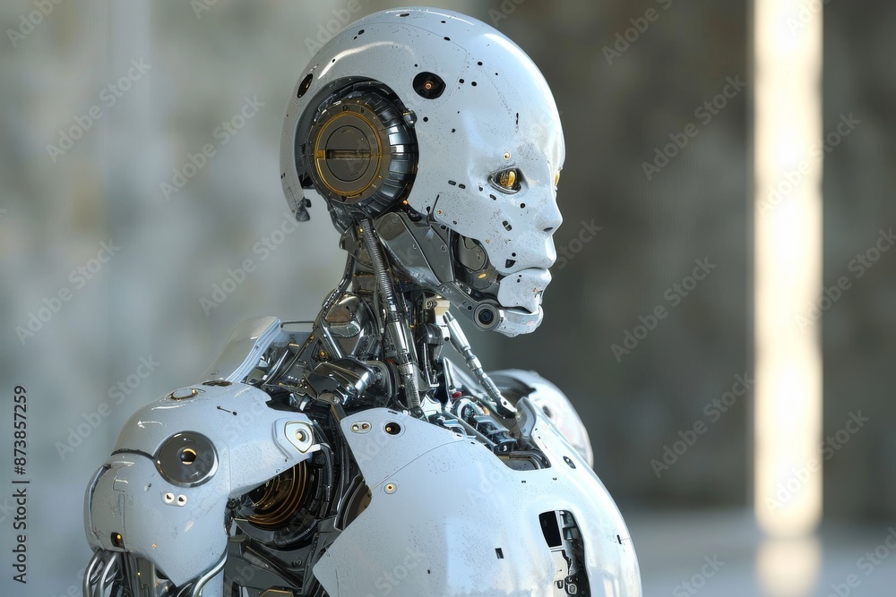 Aufkleber a robot with a metallic body and a head,an image of a robot made of metal with a head