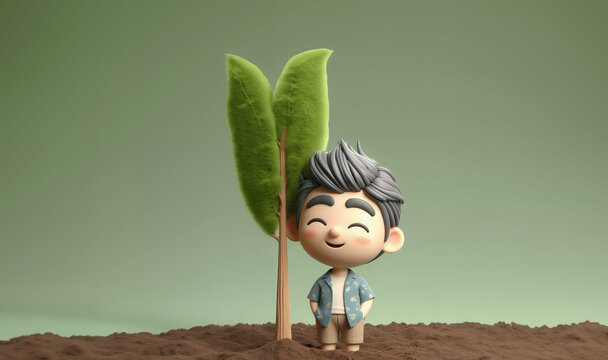 Man holding yong plant . Concept of green energy saving, renewable and recycling. Ecology behavior for global warming. 3d illustration	