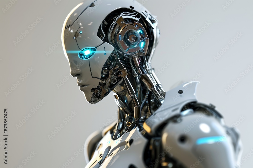 Poster view of graphic 3d robot,an image of a robot made of metal with a head, ai generated