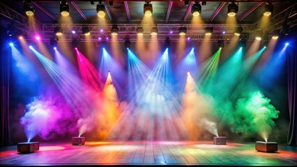 Stage with colorful lights and billowing smoke, stage, lights, colorful, vibrant, entertainment, performance, show, concert