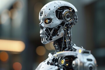 Fototapeta premium View of graphic 3d robot, A metallic robot with a sleek body and a head, AI generated