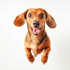 Brown dachshund dog jumping on a white background