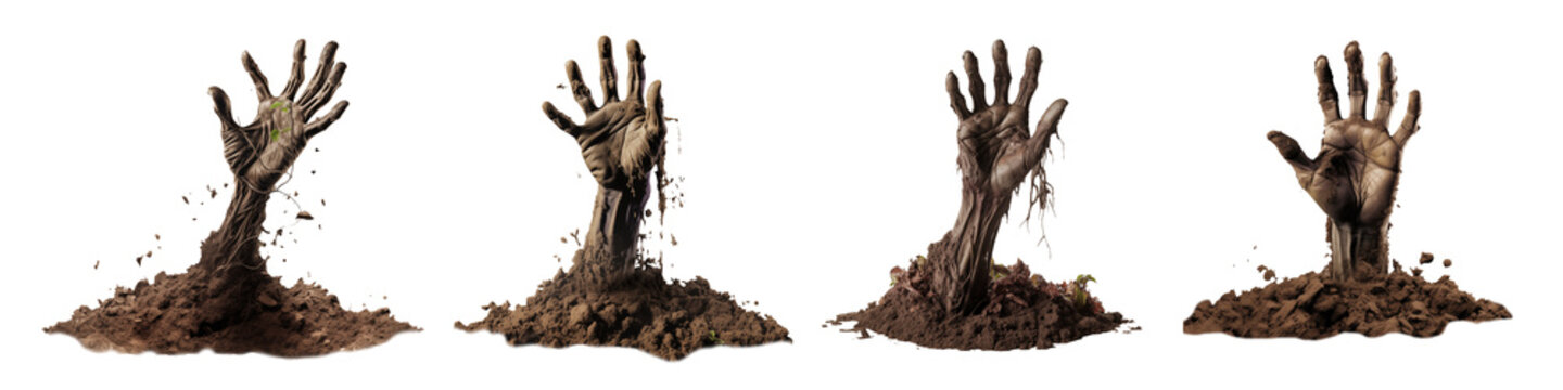 Set of zombie hand come out of ground isolated on transparent background