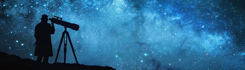 Telescope, Captains coat, Bold voyager, charting the unknown, starry night sky, realistic image, silhouette lighting, double exposure