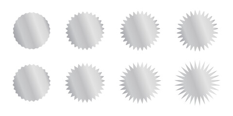 Round silver stickers with wavy and zigzag borders. Shining metallic labels, badges, price tags, coupons, stamps curvy shapes isolated on white background. Vector illustration.