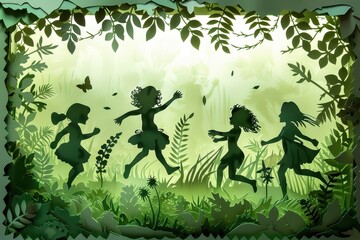 Playful paper cut of children playing in a park.