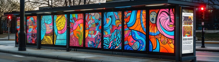 Design a bus stop ad for a music festival, with colorful visuals and information about the event