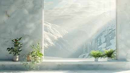 a very clean fashionable futuristic white home office with green plants, and a window showcasing a stunning Norwegian mountainscape in winter drenched in golden cinematic morning light 