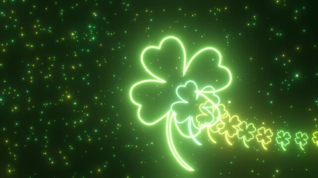 Saint Patricks Day Shamrock Four Leaf Clover Green Glow Neon Tunnel - 4K Seamless VJ Loop Motion Background Animation