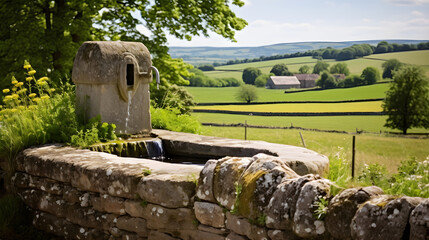 Tranquil Rural Scenery: Antique Stone Abreuvoir Amidst Green Countryside and Timeless Village