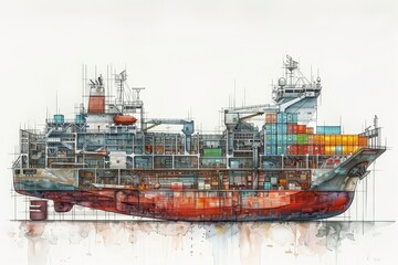 Fototapeta premium Cross-section of a cargo ship revealing its intricate network.