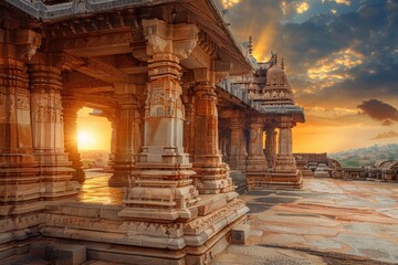 Temple of Hampi: Magnificent Ancient Architecture and Sculptures in the Serene Sunset