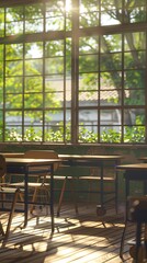 Fototapeta premium Realistic live action, 8K high resolution, highest quality, Japanese high school classroom, view outside the window from the classroom, 12 noon, bright classroom, desks and chairs 