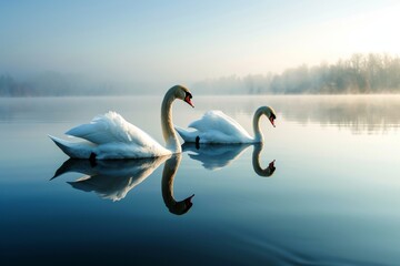 Obraz premium Two swan gracefully gliding across on a calm lake, AI generated