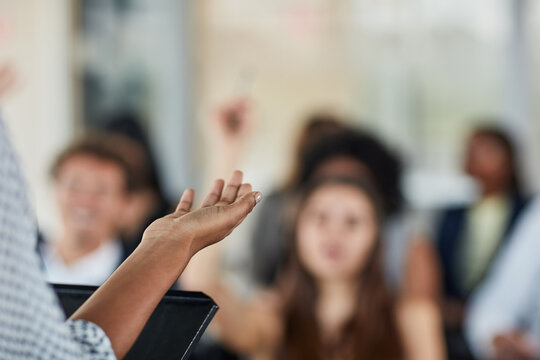 Hand, podium and presenter in seminar, question and people in event, training and presentation in boardroom. Workshop, closeup and advise in conference, entrepreneurship and masterclass of business