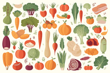 Vegetables seamless pattern of vegetables with different elements