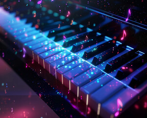 holographic piano keyboard with vibrant floating musical notes and colorful light effects in a dark ambient setting