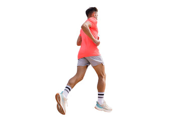 Obraz premium A male athlete is seen running in a sports uniform, engaged in training. The athlete is in the process of jogging and has cut out. 