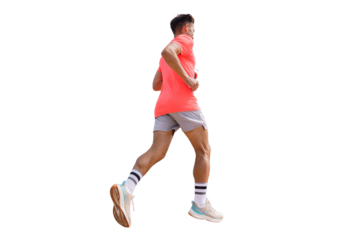 A male athlete is seen running in a sports uniform, engaged in training. The athlete is in the process of jogging and has cut out.
