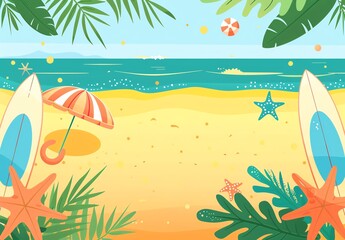 Beach Summer Background with Surfboards and Beach Ball Blue Sky Nature Tropical Beach Cartoon Style