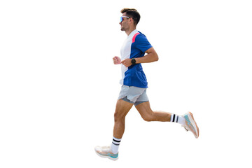 A male runner is seen wearing a sports uniform and jogging. The athlete is training and has cut out his hair.
