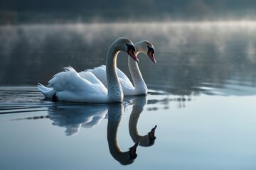 Fototapeta premium Two swan gracefully gliding across on a calm lake, AI generated