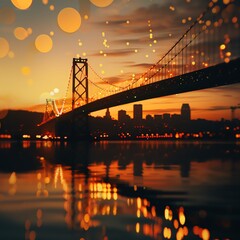 Obraz premium Stunning sunset view of a city skyline with a bridge, illuminated by bokeh lights, reflecting on the water.